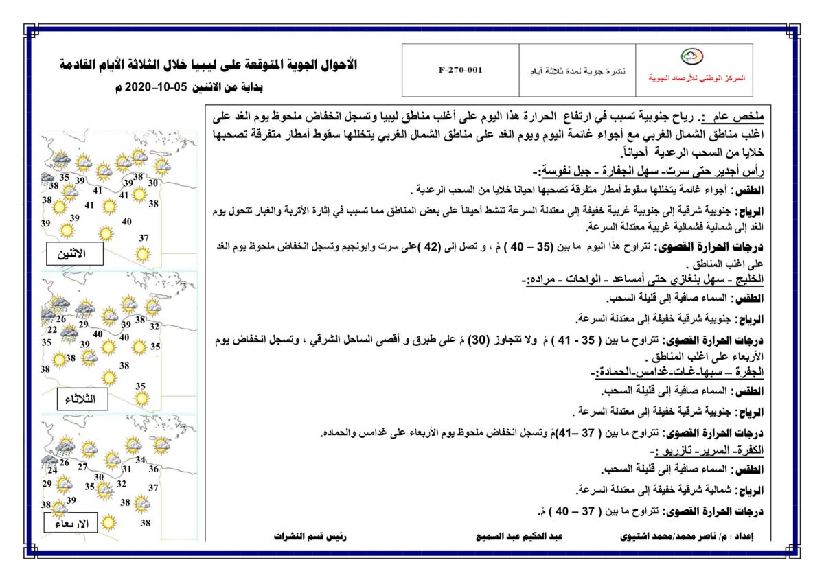 النشرة الجوية ليوم الاثنين الموافق 05 – 10 – 2020 الصادرة عن المركز الوطني للأرصاد الجوية