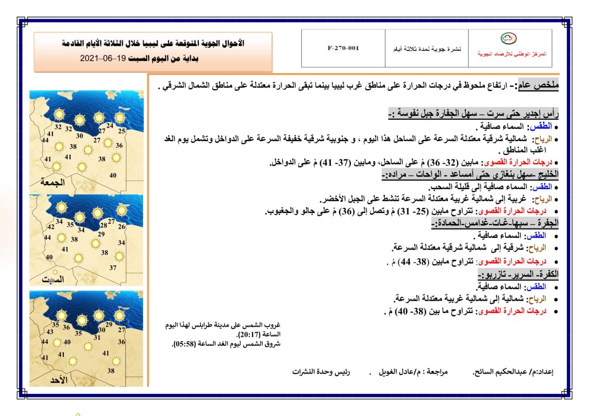 النشرة الجوية ليوم السبت الموافق 19 – 06 – 2021 الصادرة عن المركز الوطني للأرصاد الجوية