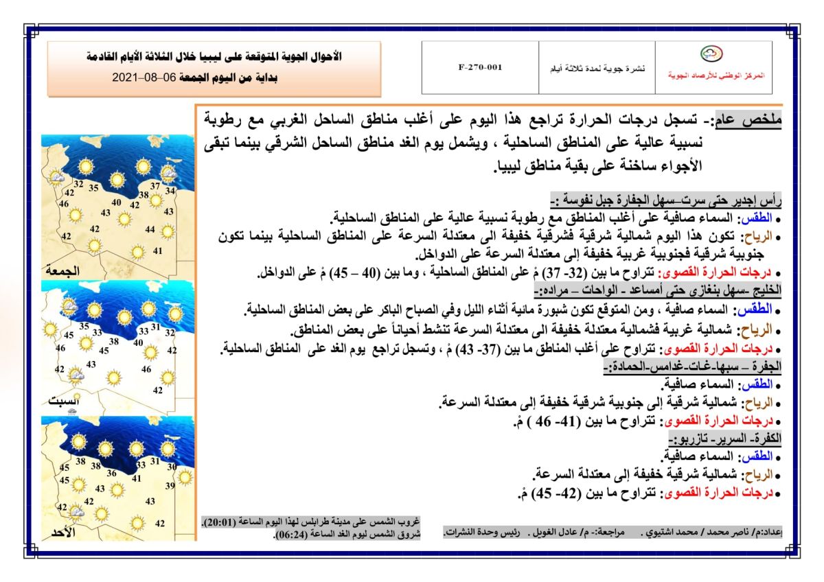 النشرة الجوية ليوم الجمعة الموافق 06 – 08 – 2021 الصادرة عن المركز الوطني للأرصاد الجوية