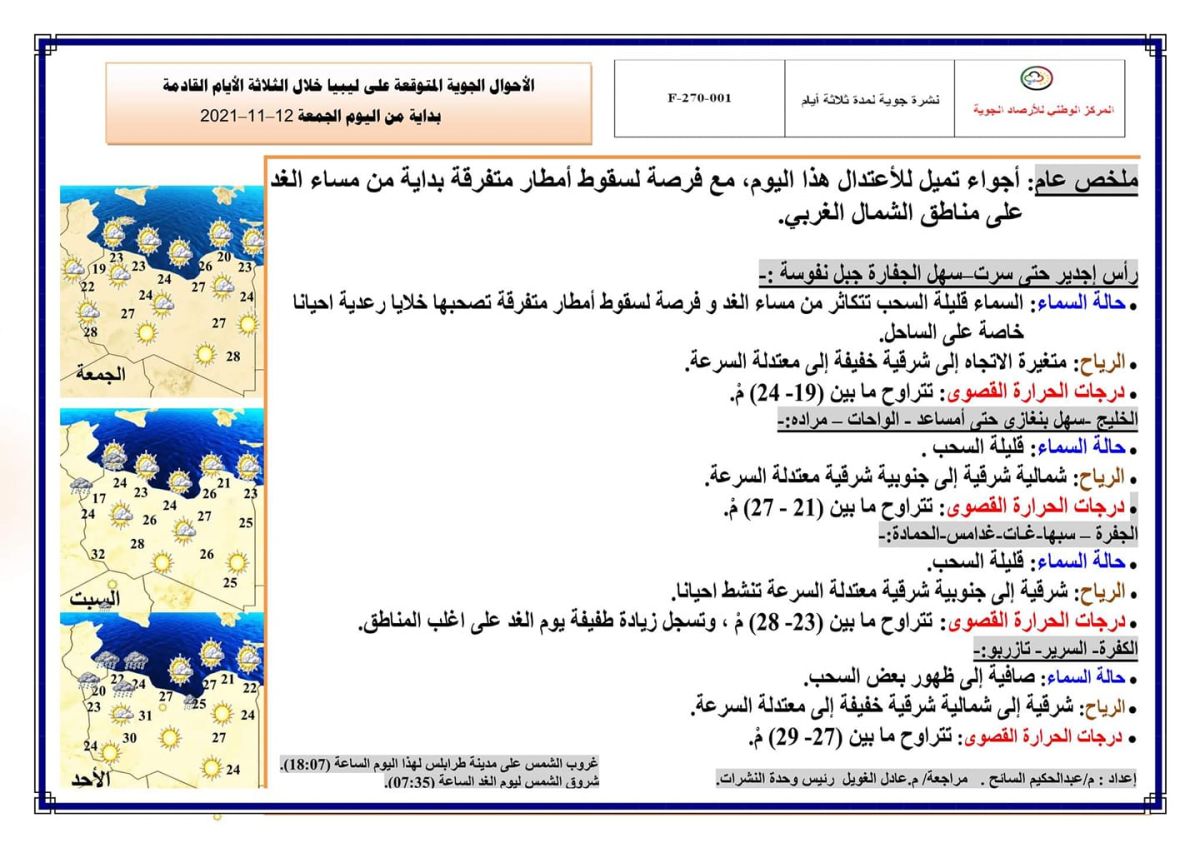 النشرة الجوية ليوم الجمعة الموافق 12 – 11 – 2021 الصادرة عن المركز الوطني للأرصاد الجوية