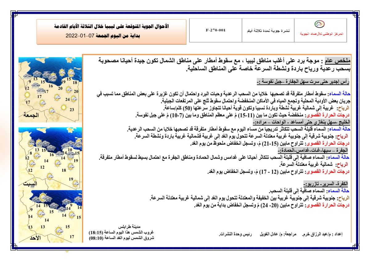 النشرة الجوية ليوم الجمعة الموافق 07 – 01 – 2022 الصادرة عن المركز الوطني للأرصاد الجوية