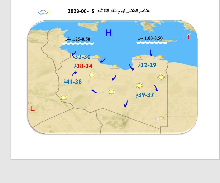 النشرة الجوية ليوم الاثنين الموافق 14 – 08 – 2023 الصادرة عن المركز الوطني للأرصاد الجوية