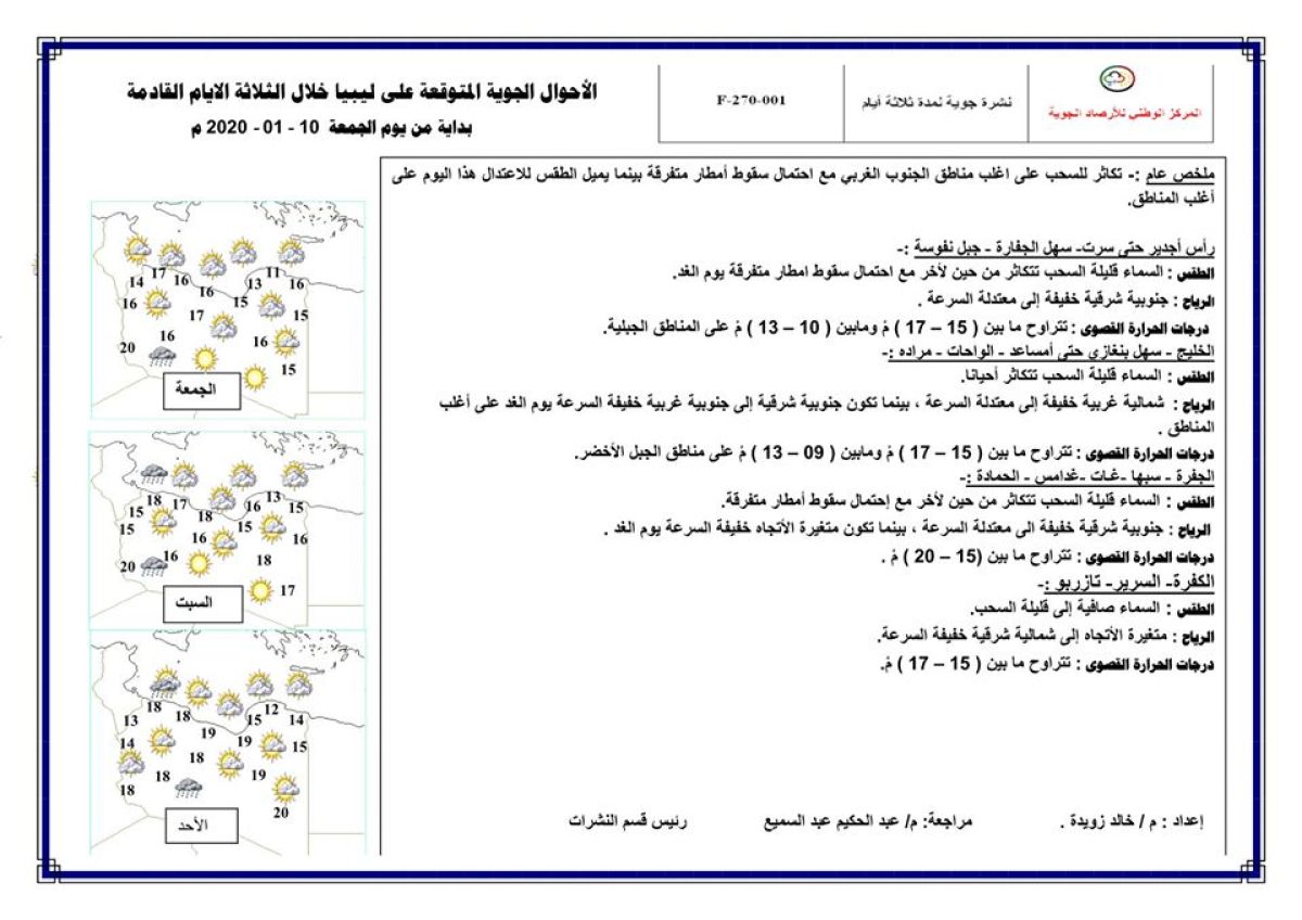 النشرة الجوية ليوم الجمعة الموافق 10 – 01 – 2020 الصادرة عن المركز الوطني للأرصاد الجوية