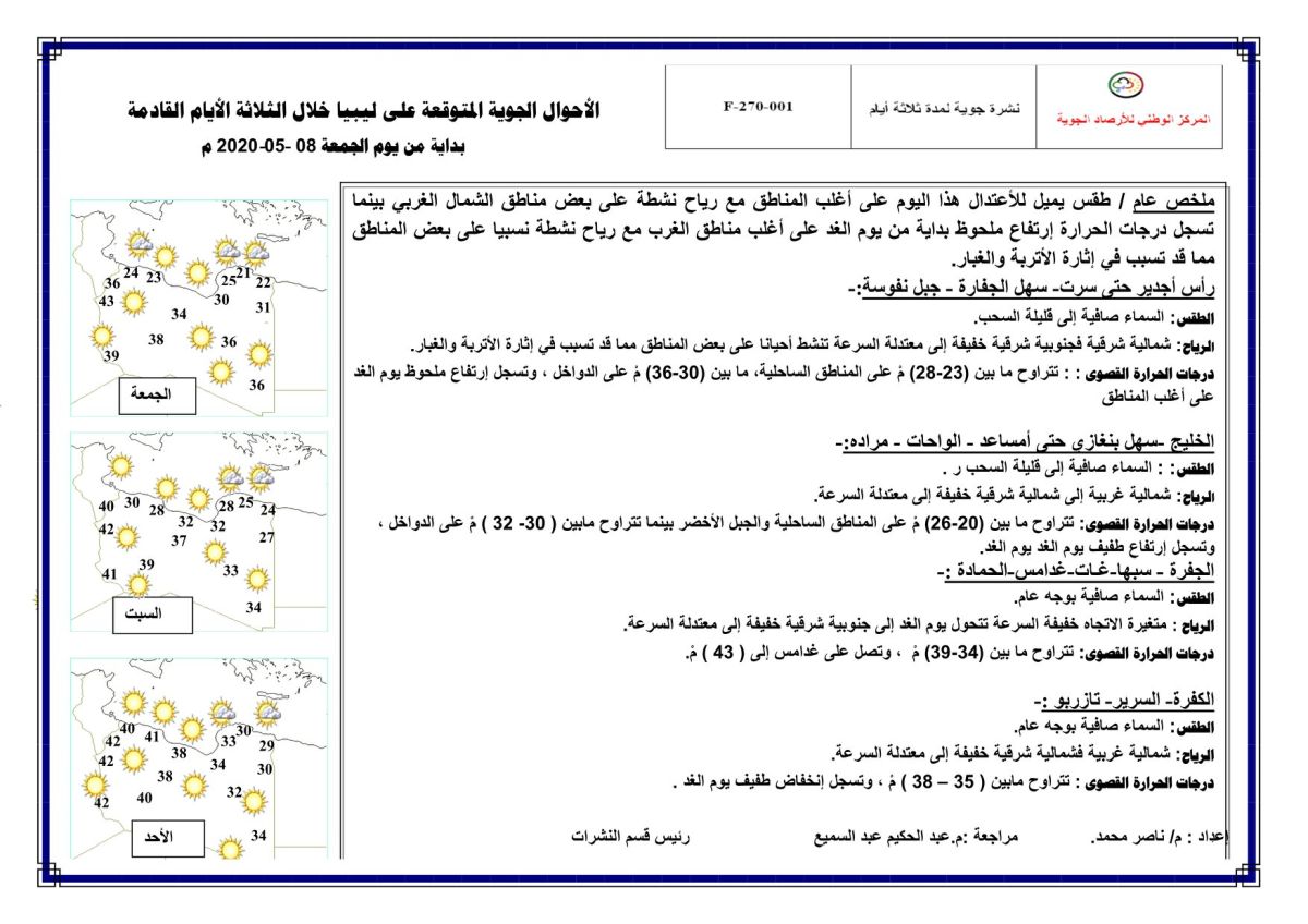 النشرة الجوية ليوم الجمعة الموافق 08 – 05 – 2020 الصادرة عن المركز الوطني للأرصاد الجوية