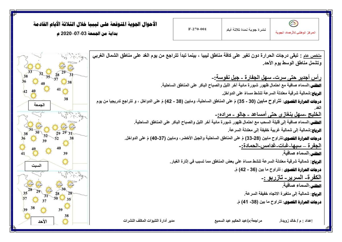 النشرة الجوية ليوم الجمعة الموافق 03 – 07 – 2020 الصادرة عن المركز الوطني للأرصاد الجوية