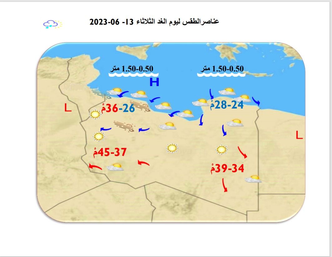 النشرة الجوية ليوم الاثنين الموافق 12 – 06 – 2023 الصادرة عن المركز الوطني للأرصاد الجوية