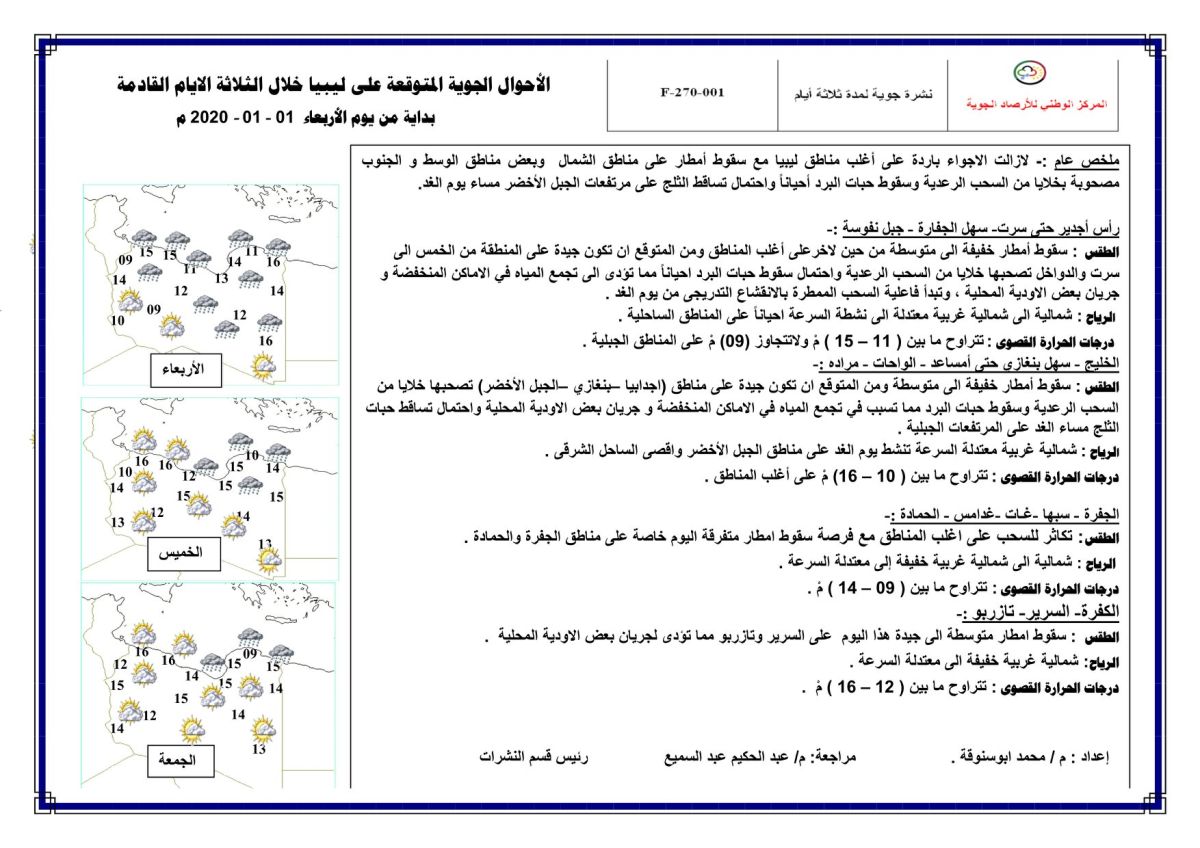 النشرة الجوية ليوم الإربعاء الموافق 01 – 01 – 2020 الصادرة عن المركز الوطني للأرصاد الجوية