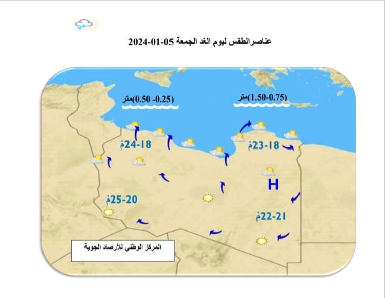 النشرة الجوية ليوم الخميس الموافق 04– 01– 2024 الصادرة عن المركز الوطني للأرصاد الجوية