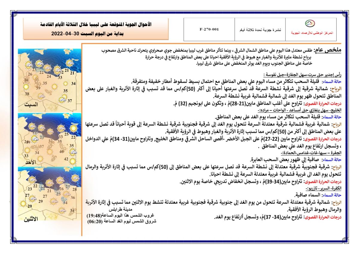 النشرة الجوية ليوم السبت الموافق 30 – 04 – 2022 الصادرة عن المركز الوطني للأرصاد الجوية