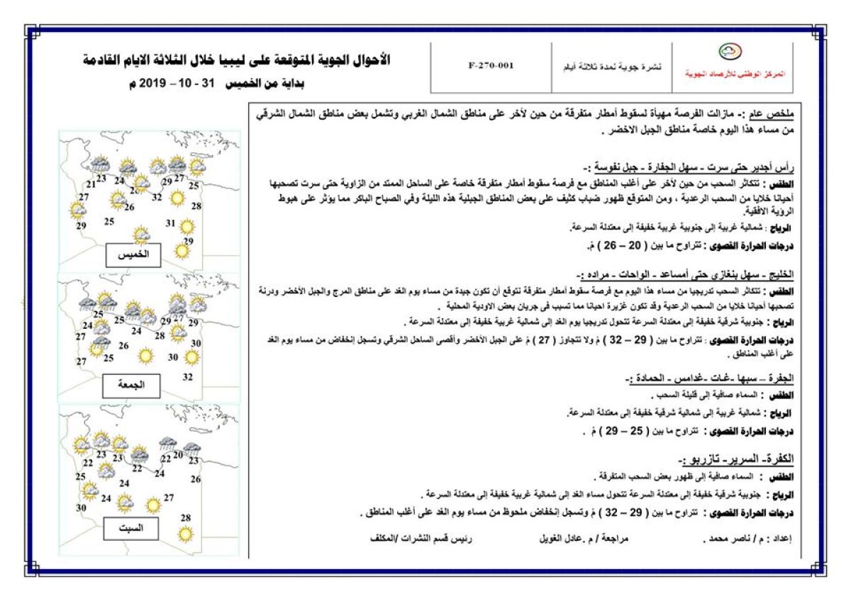 النشرة الجوية ليوم الخميس الموافق 31 – 10 – 2019 الصادرة عن المركز الوطني للأرصاد الجوية