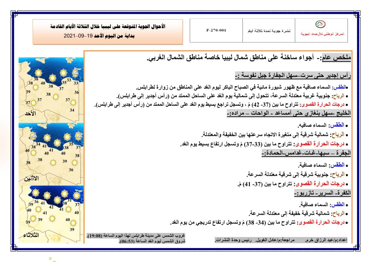 النشرة الجوية ليوم الأحد الموافق 19– 09 – 2021 الصادرة عن المركز الوطني للأرصاد الجوية