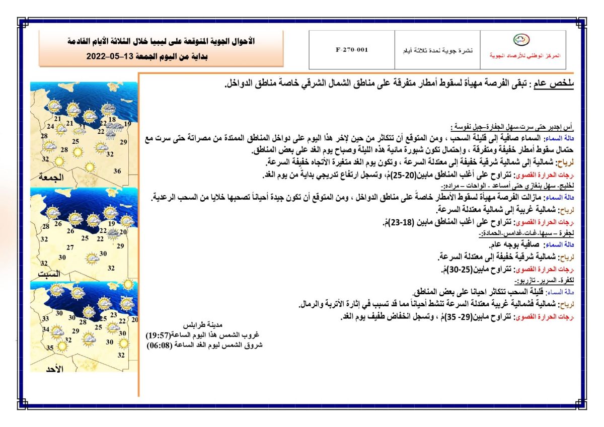 النشرة الجوية ليوم الجمعة الموافق 13 – 05 – 2022 الصادرة عن المركز الوطني للأرصاد الجوية