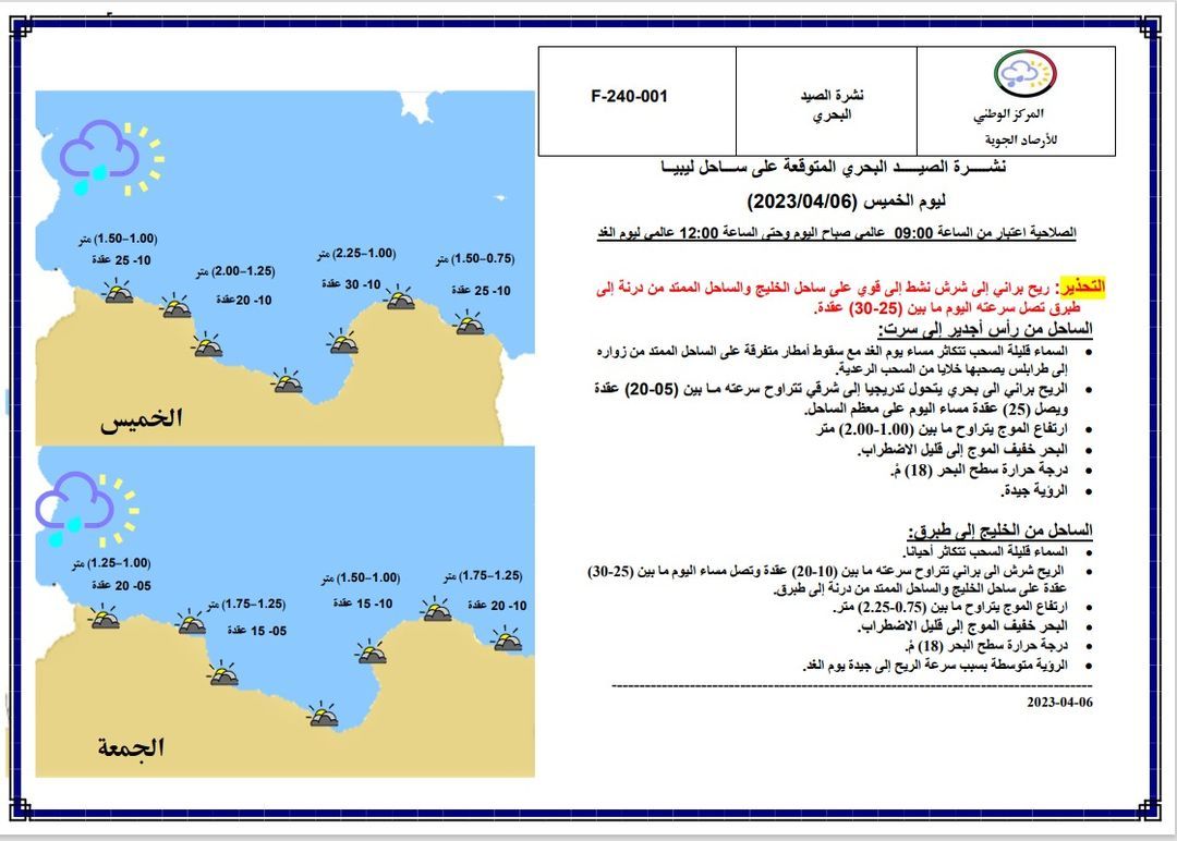 النشرة الجوية ليوم الخميس الموافق 06– 04 – 2023 الصادرة عن المركز الوطني للأرصاد الجوية