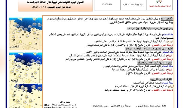 النشرة الجوية ليوم الخميس الموافق 13 – 01 – 2022 الصادرة عن المركز الوطني للأرصاد الجوية