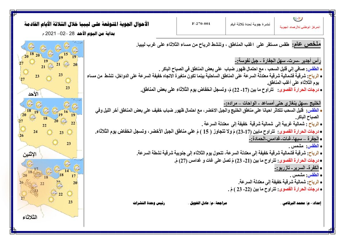 النشرة الجوية ليوم الأحد الموافق 28 – 02 – 2021 الصادرة عن المركز الوطني للأرصاد الجوية