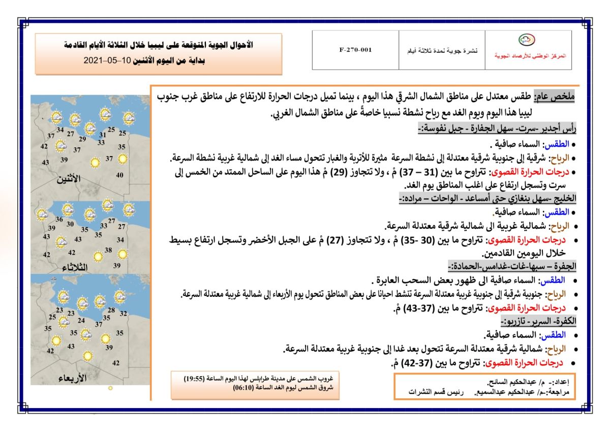 النشرة الجوية ليوم الاثنين الموافق 10 – 05 – 2021 الصادرة عن المركز الوطني للأرصاد الجوية