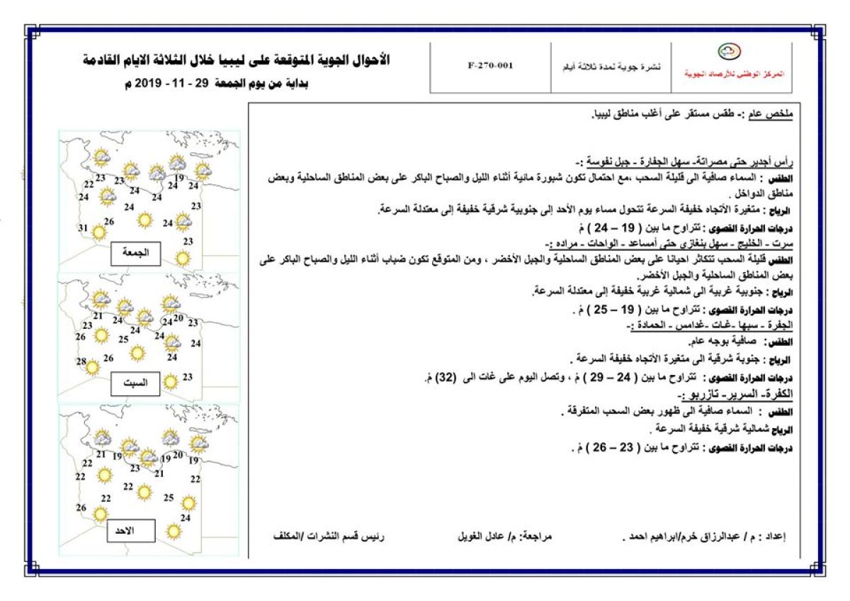 النشرة الجوية ليوم الجمعة الموافق 29 – 11 – 2019 الصادرة عن المركز الوطني للأرصاد الجوية