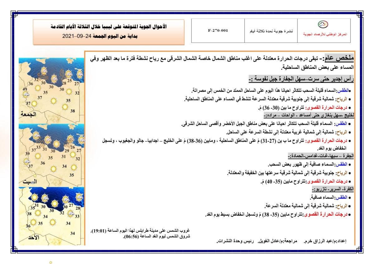 النشرة الجوية ليوم الجمعة الموافق 24– 09 – 2021 الصادرة عن المركز الوطني للأرصاد الجوية