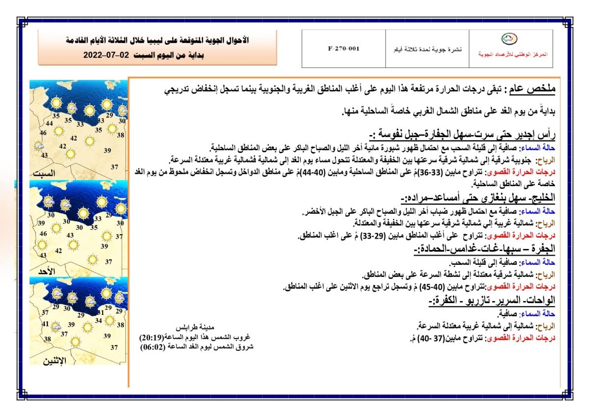 النشرة الجوية ليوم السبت الموافق 02– 07 – 2022 الصادرة عن المركز الوطني للأرصاد الجوية