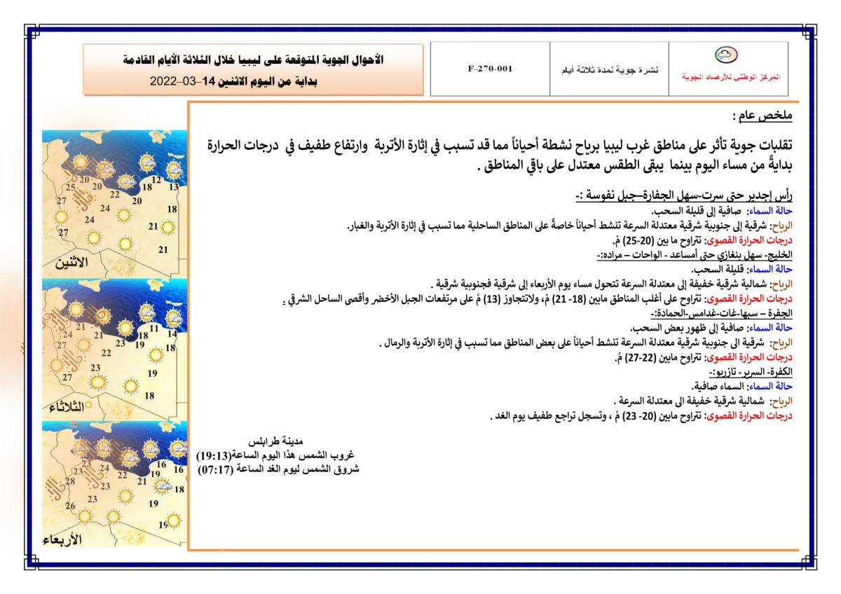 النشرة الجوية ليوم الاثنين الموافق 14 – 03 – 2022 الصادرة عن المركز الوطني للأرصاد الجوية