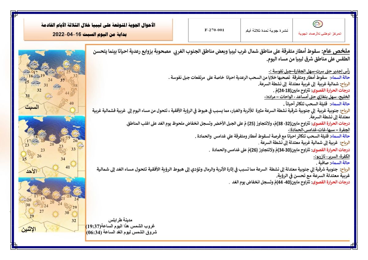 النشرة الجوية ليوم السبت الموافق 16 – 04 – 2022 الصادرة عن المركز الوطني للأرصاد الجوية