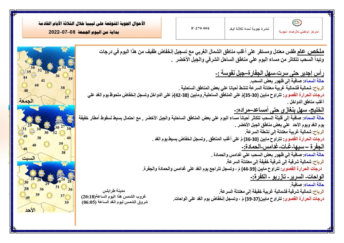 النشرة الجوية ليوم الجمعة الموافق 08– 07 – 2022 الصادرة عن المركز الوطني للأرصاد الجوية