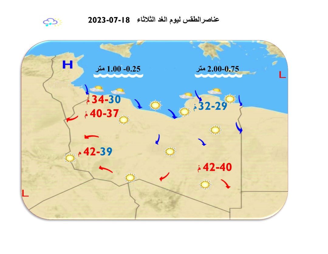 النشرة الجوية ليوم الاثنين الموافق 17 – 07 – 2023 الصادرة عن المركز الوطني للأرصاد الجوية