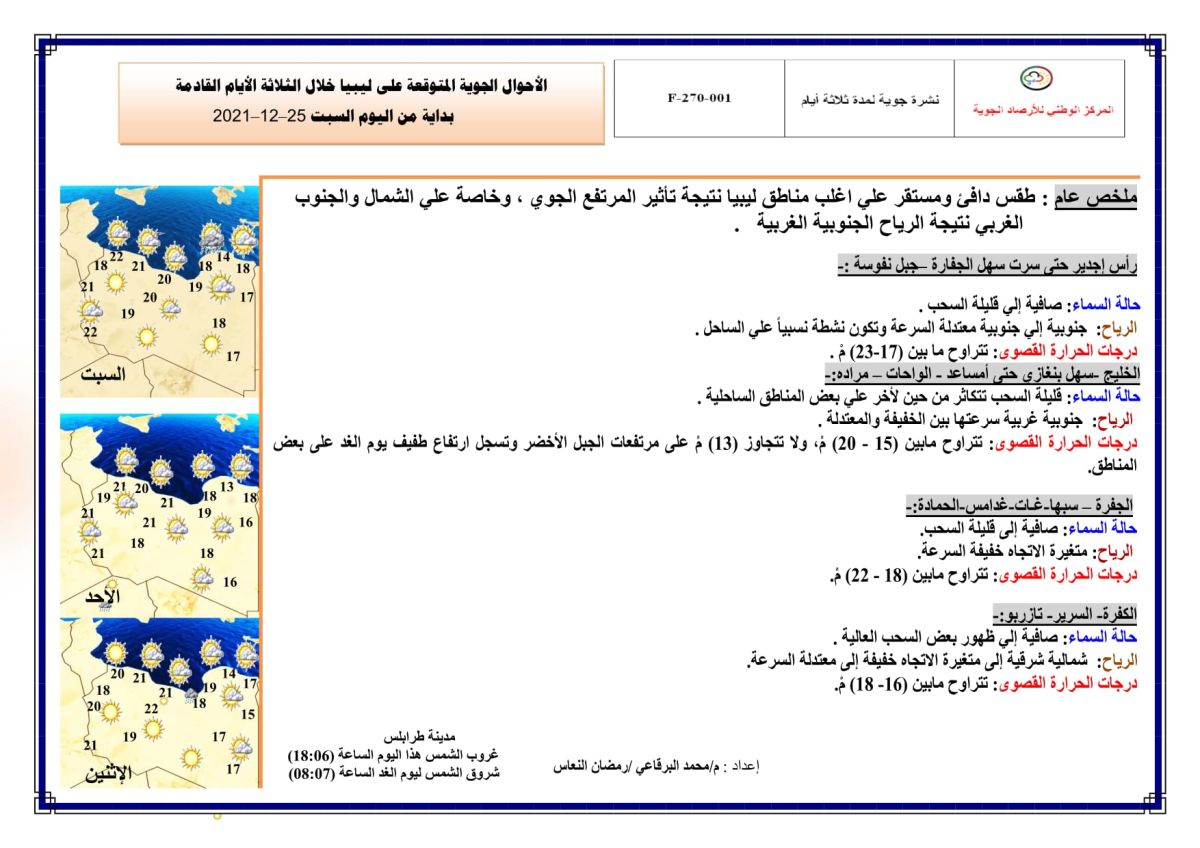 النشرة الجوية ليوم السبت الموافق 25 – 12 – 2021 الصادرة عن المركز الوطني للأرصاد الجوية