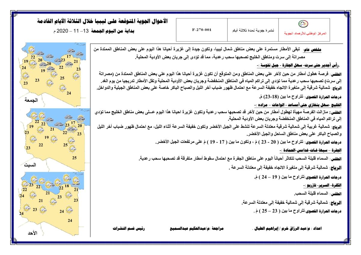 النشرة الجوية ليوم الجمعة الموافق 13 – 11 – 2020 الصادرة عن المركز الوطني للأرصاد الجوية