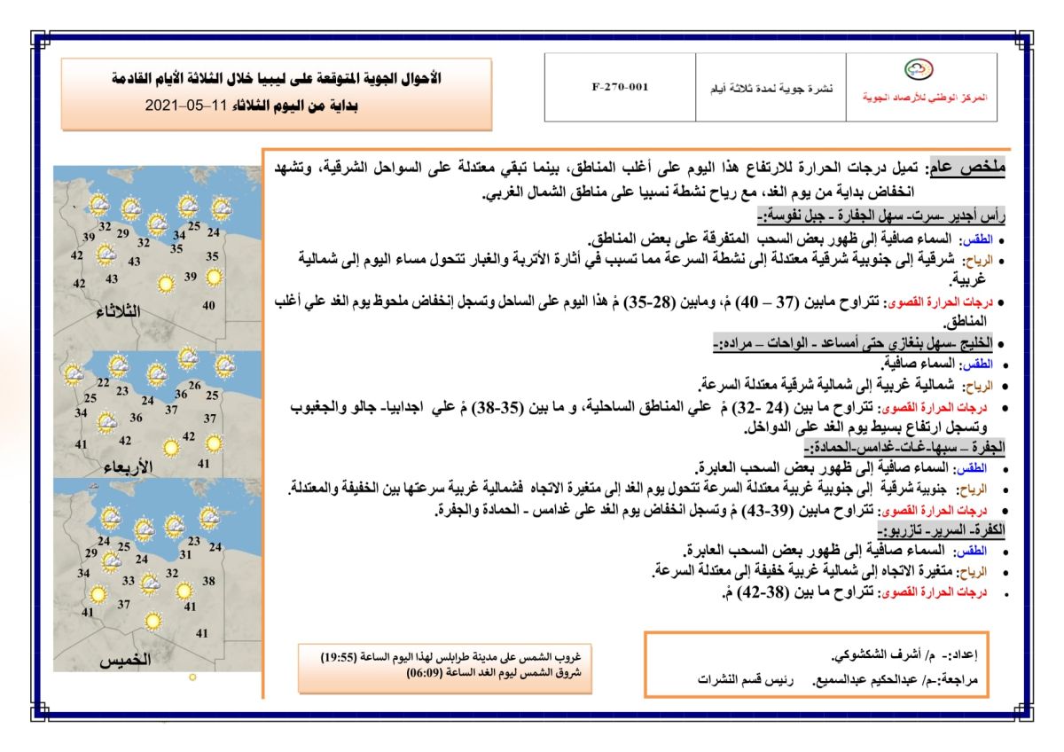 النشرة الجوية ليوم الثلاثاء الموافق 11 – 05 – 2021 الصادرة عن المركز الوطني للأرصاد الجوية