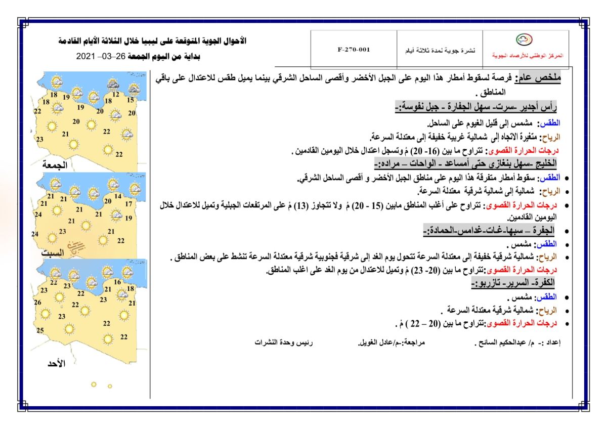 النشرة الجوية ليوم الجمعة الموافق 26 – 03 – 2021 الصادرة عن المركز الوطني للأرصاد الجوية