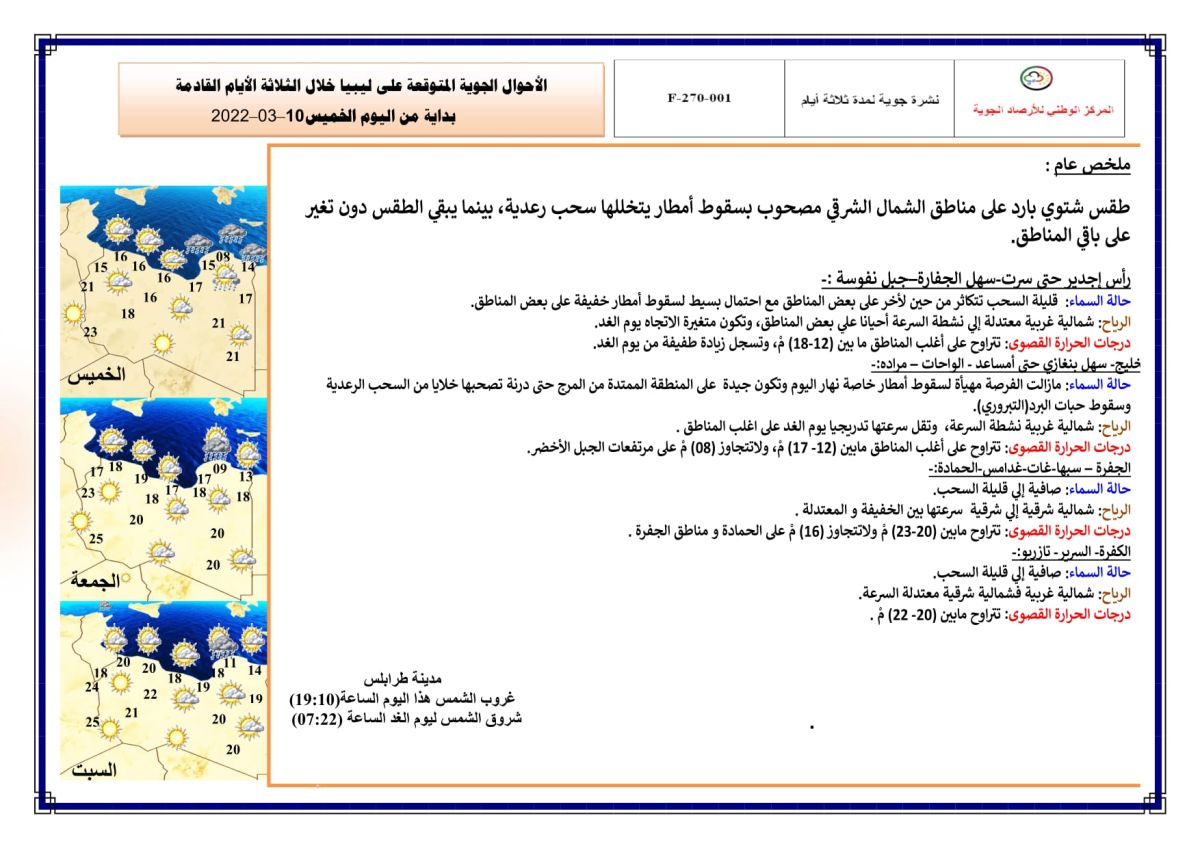 النشرة الجوية ليوم الخميس الموافق 10 – 03 – 2022 الصادرة عن المركز الوطني للأرصاد الجوية