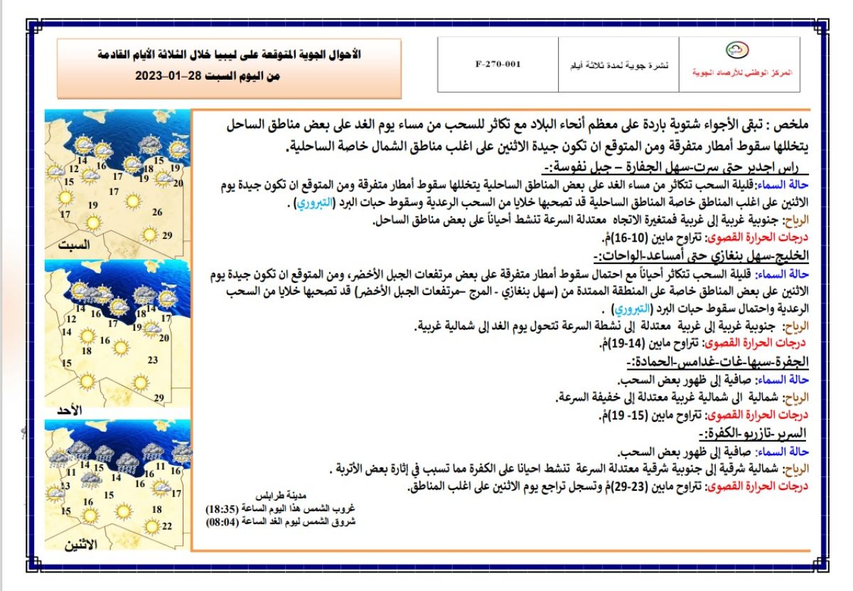 النشرة الجوية ليوم السبت الموافق 28– 01 – 2023 الصادرة عن المركز الوطني للأرصاد الجوية