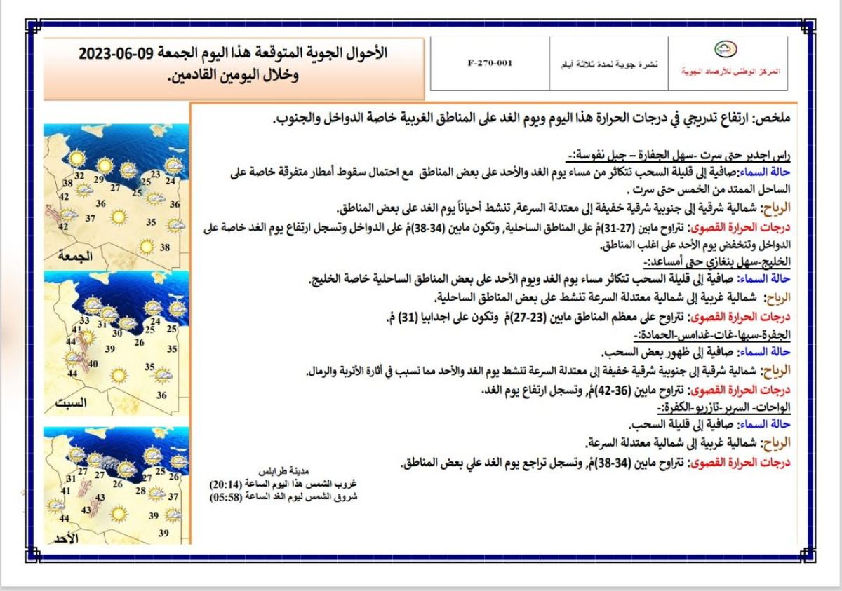 النشرة الجوية ليوم الجمعة الموافق 09 – 06 – 2023 الصادرة عن المركز الوطني للأرصاد الجوية