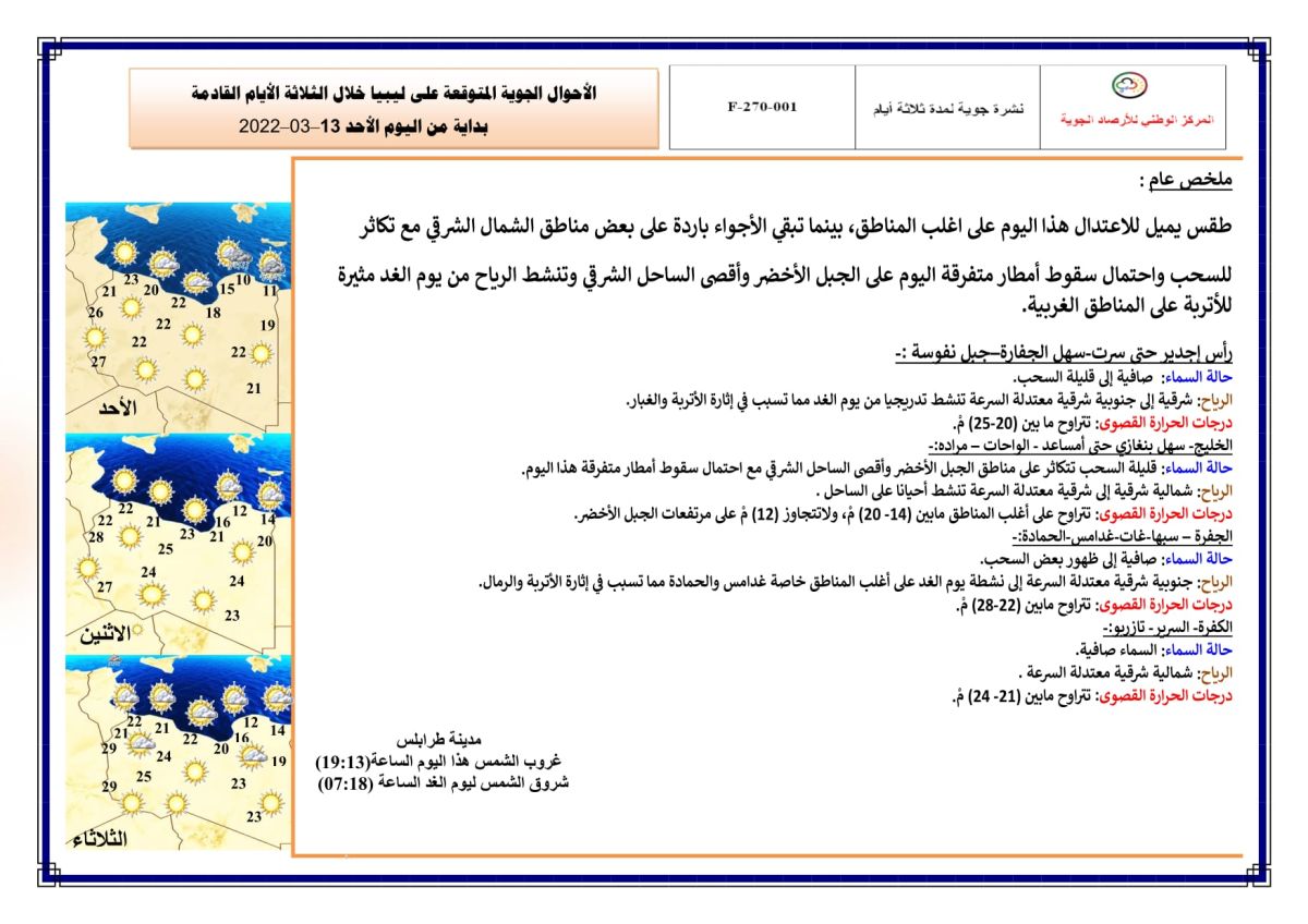 النشرة الجوية ليوم الأحد الموافق 13 – 03 – 2022 الصادرة عن المركز الوطني للأرصاد الجوية