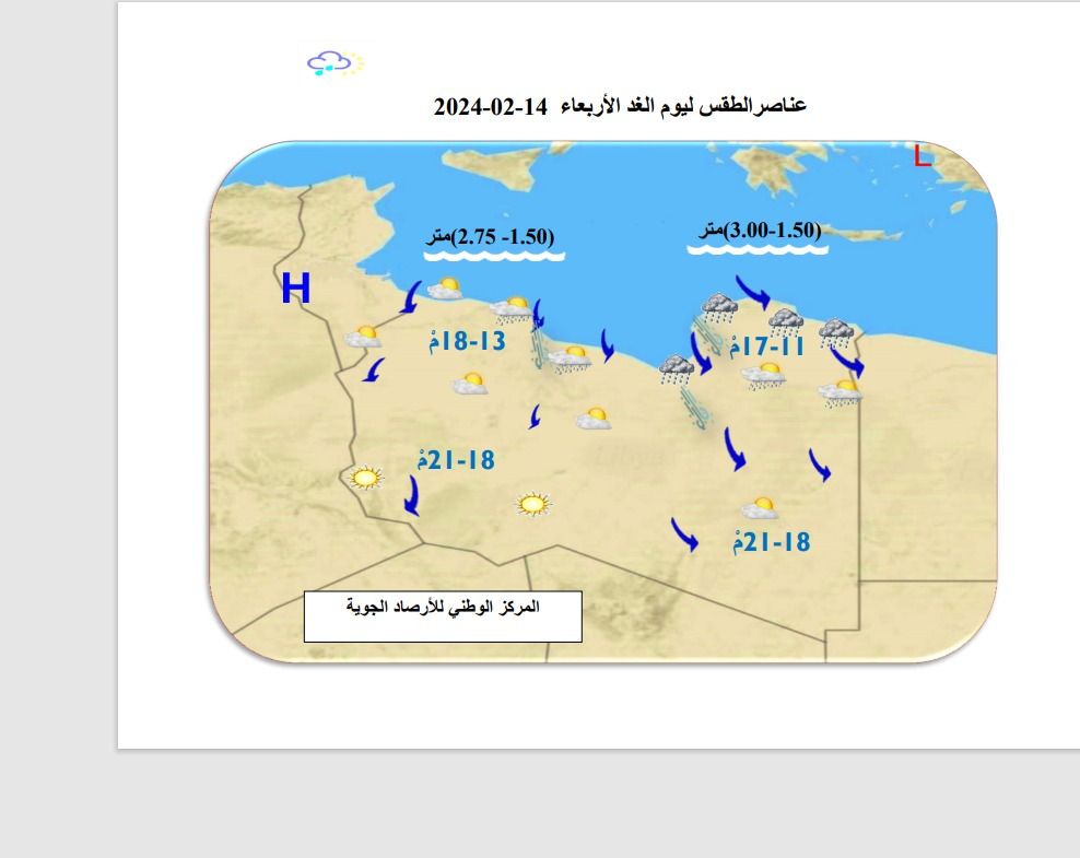 النشرة الجوية ليوم الثلاثاء الموافق 13– 02– 2024 الصادرة عن المركز الوطني للأرصاد الجوية