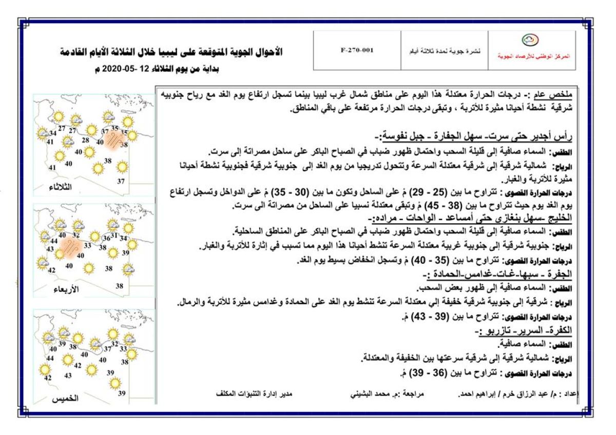 النشرة الجوية ليوم الثلاثاء الموافق 12 – 05 – 2020 الصادرة عن المركز الوطني للأرصاد الجوية