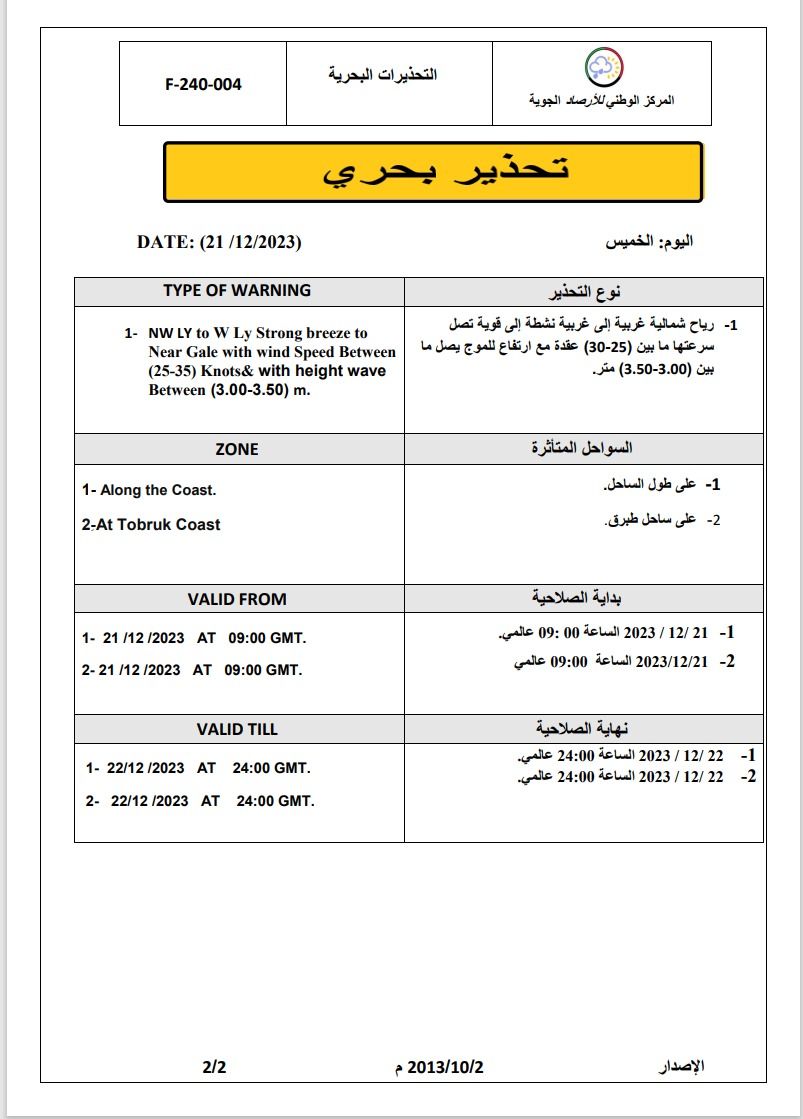 النشرة الجوية ليوم الخميس الموافق 21– 12– 2023 الصادرة عن المركز الوطني للأرصاد الجوية