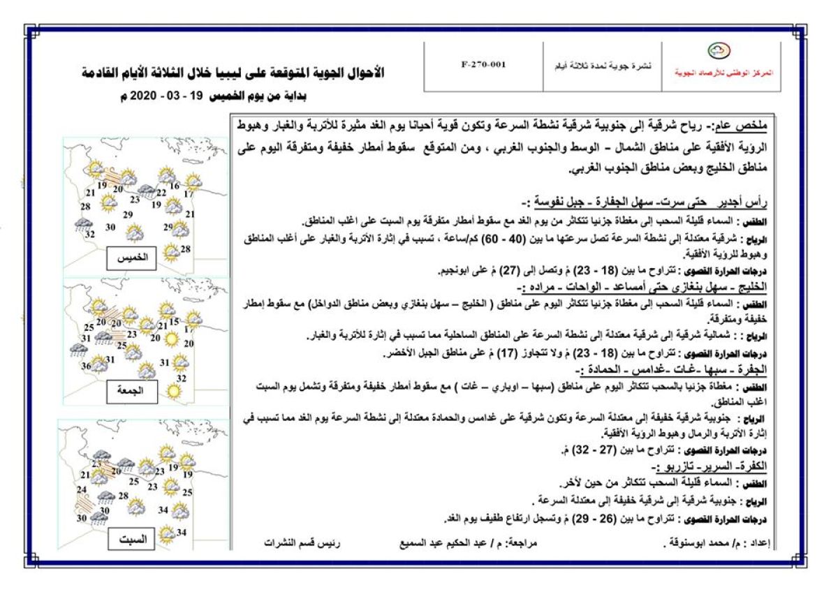 النشرة الجوية ليوم الخميس الموافق 19 – 03 – 2020 الصادرة عن المركز الوطني للأرصاد الجوية