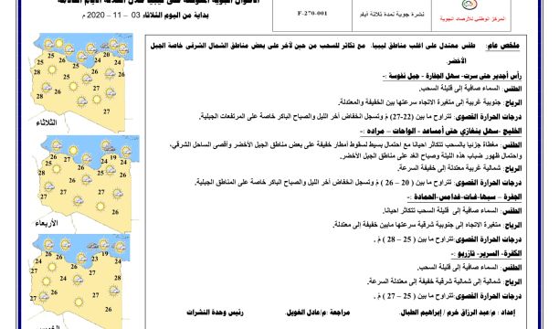 النشرة الجوية ليوم الثلاثاء الموافق 3 – 11 – 2020 الصادرة عن المركز الوطني للأرصاد الجوية