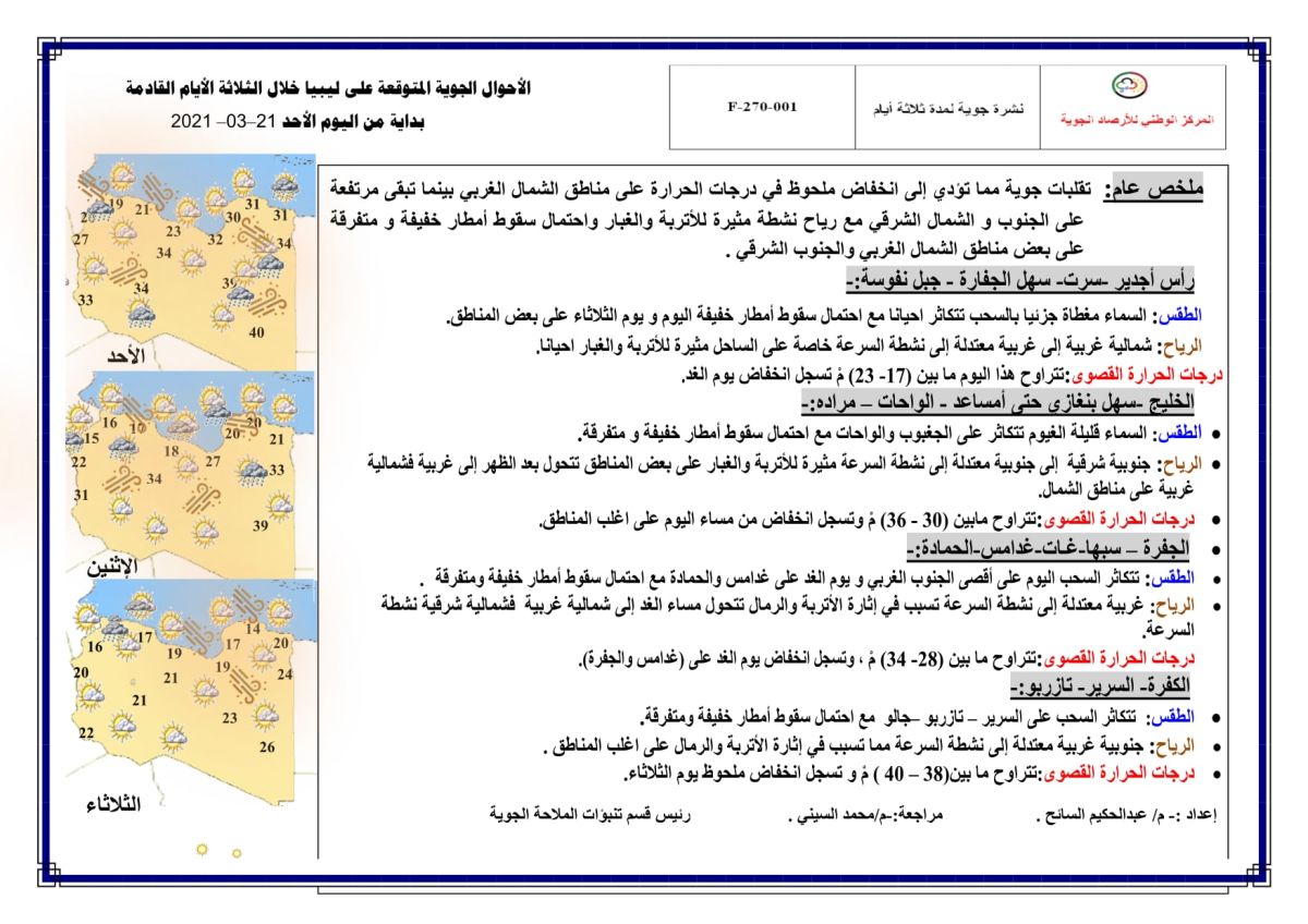 النشرة الجوية ليوم الأحد الموافق 21 – 03 – 2021 الصادرة عن المركز الوطني للأرصاد الجوية