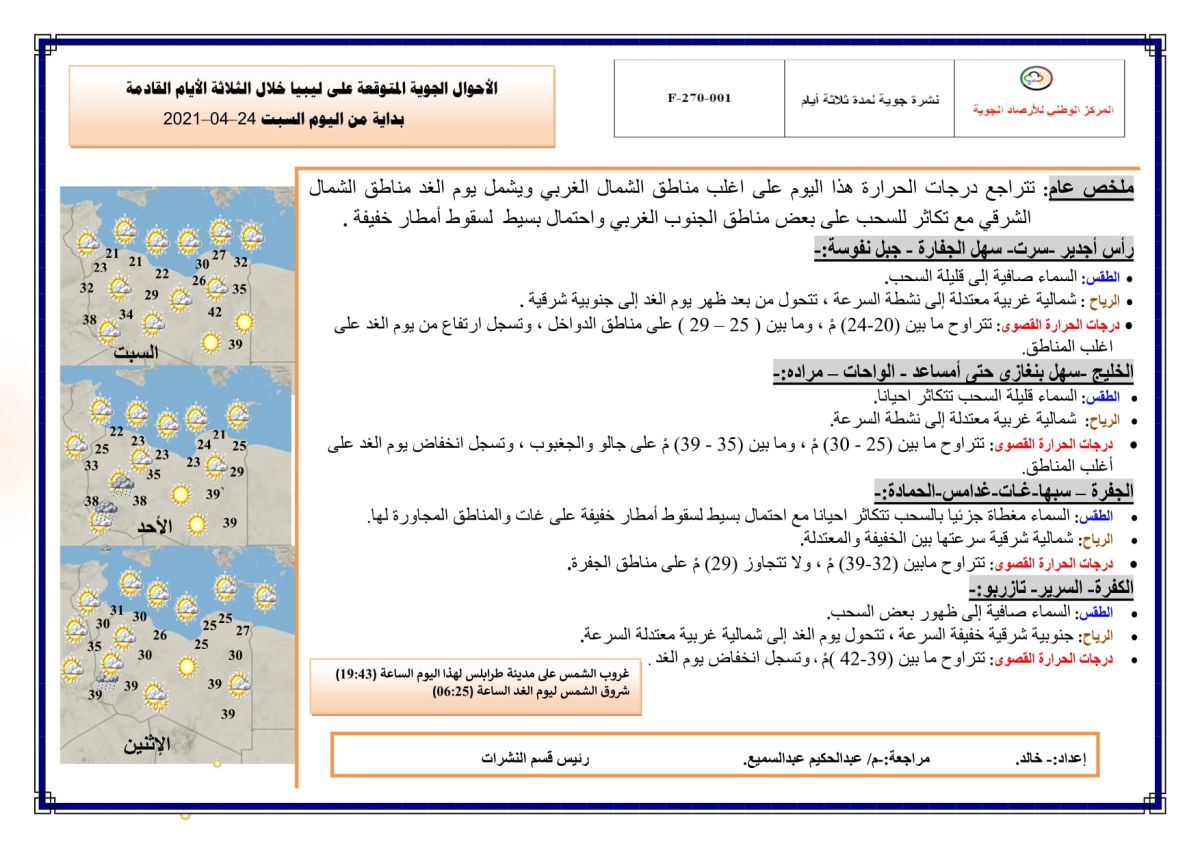 النشرة الجوية ليوم السبت الموافق 24 – 04 – 2021 الصادرة عن المركز الوطني للأرصاد الجوية