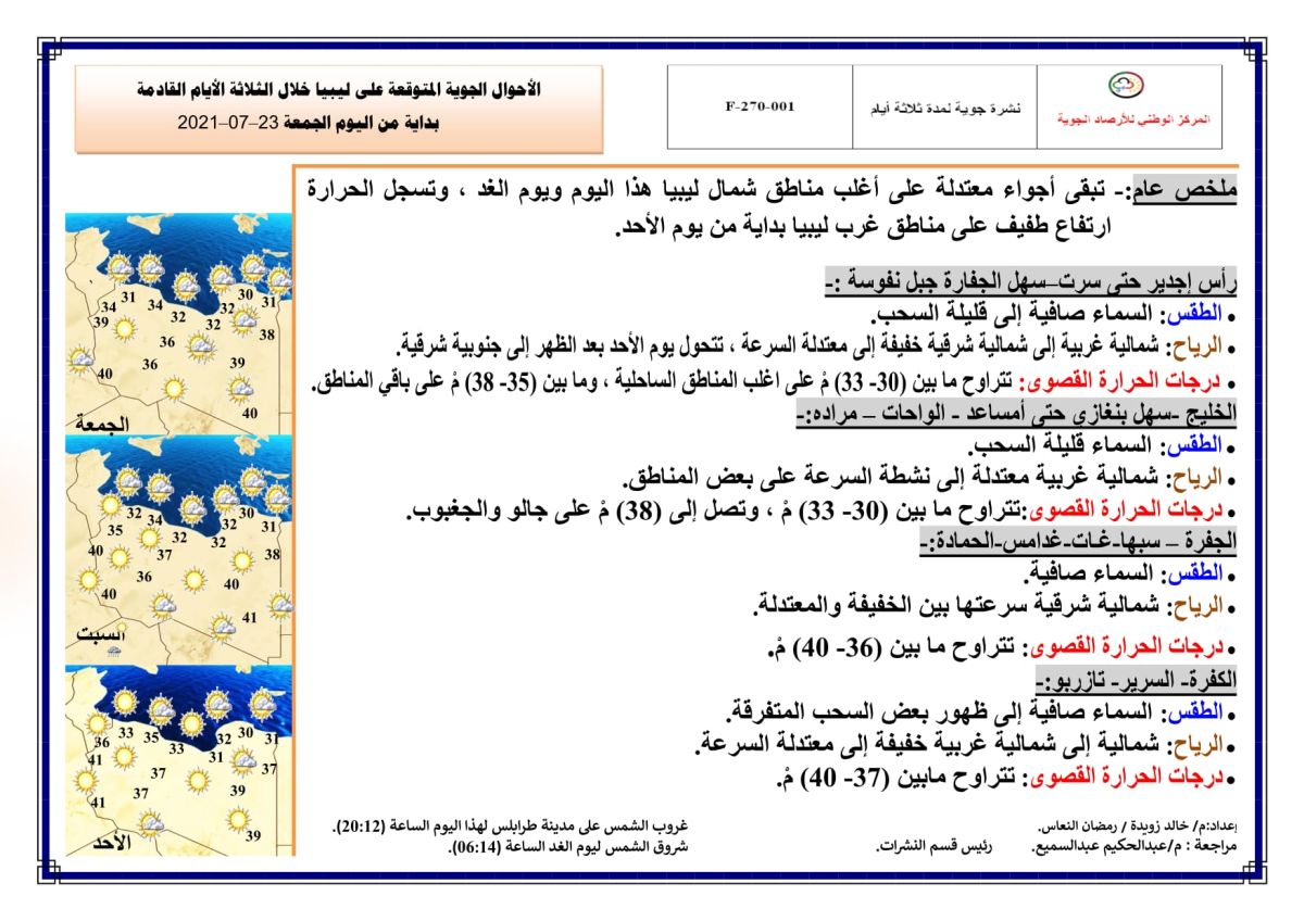 النشرة الجوية ليوم الجمعة الموافق 23 – 07 – 2021 الصادرة عن المركز الوطني للأرصاد الجوية