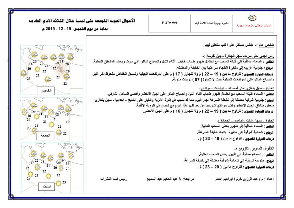 النشرة الجوية ليوم الخميس الموافق 19 – 12 – 2019 الصادرة عن المركز الوطني للأرصاد الجوية