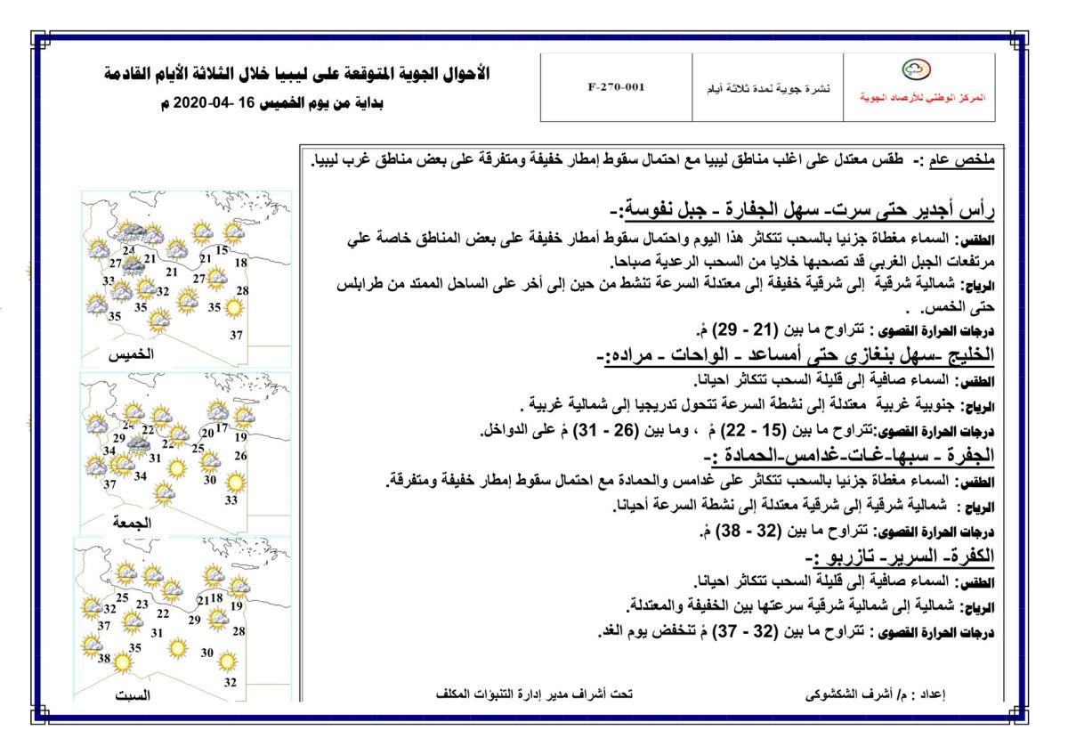 النشرة الجوية ليوم الخميس الموافق 16 – 04 – 2020 الصادرة عن المركز الوطني للأرصاد الجوية