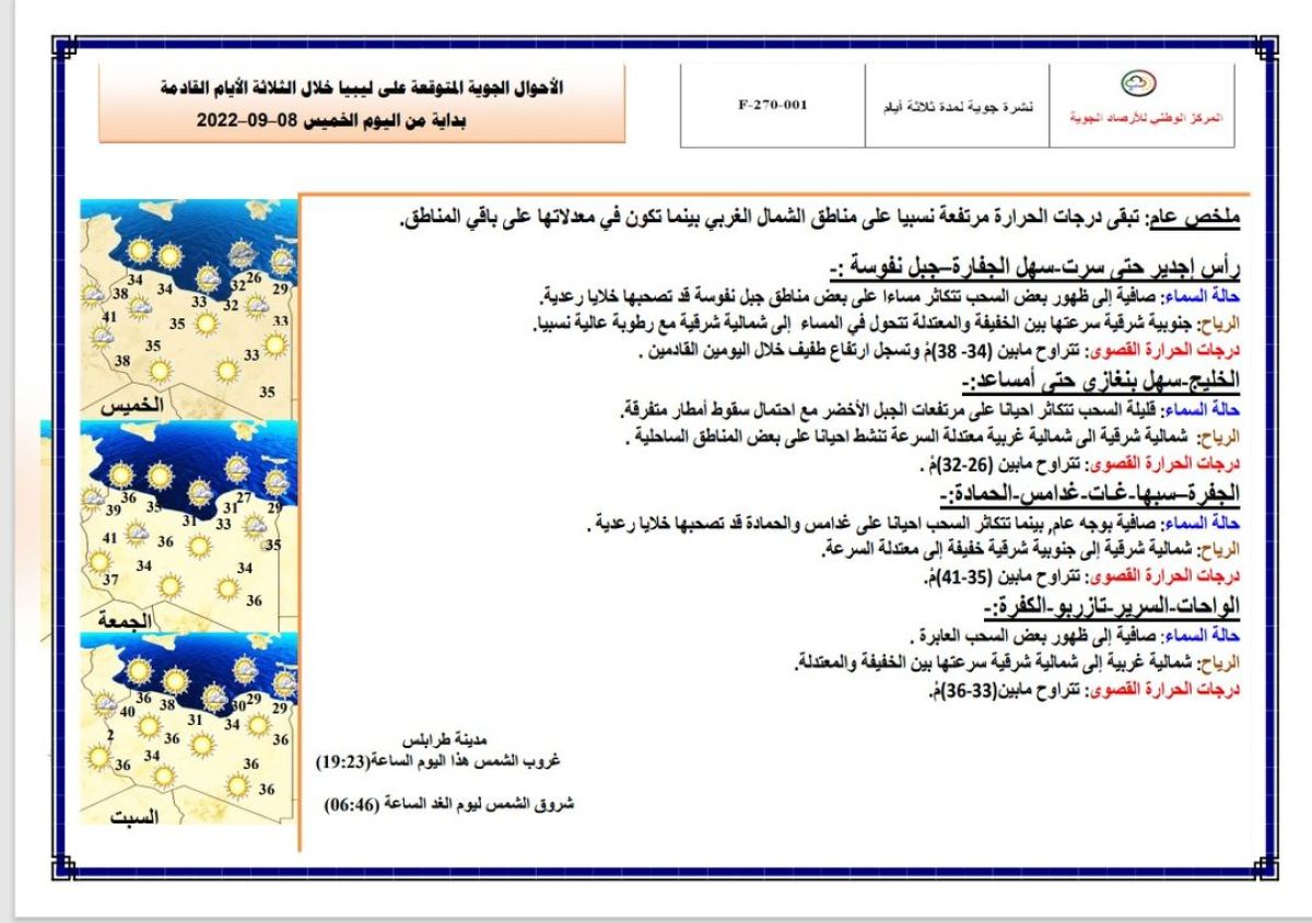 النشرة الجوية ليوم الخميس الموافق 8 – 09 – 2022 الصادرة عن المركز الوطني للأرصاد الجوية