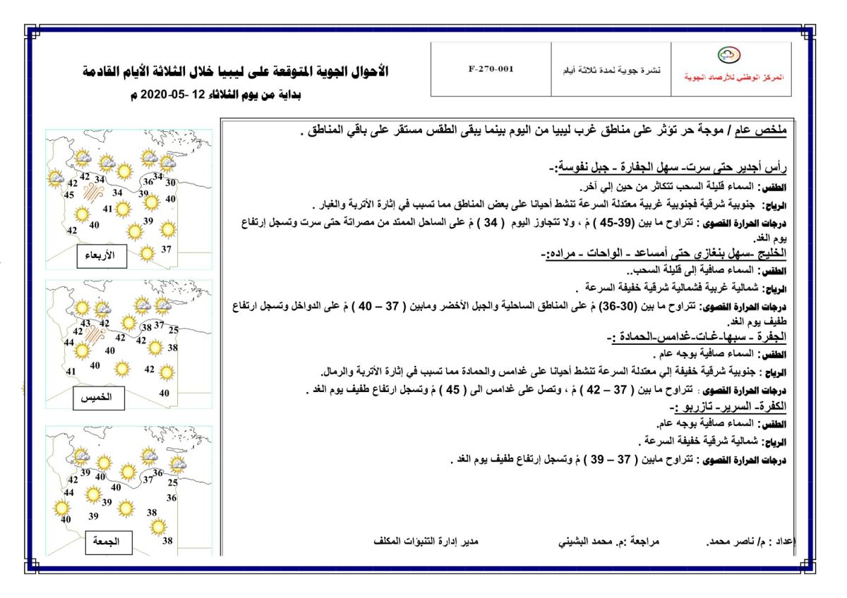 النشرة الجوية ليوم الإربعاء الموافق 13 – 05 – 2020 الصادرة عن المركز الوطني للأرصاد الجوية