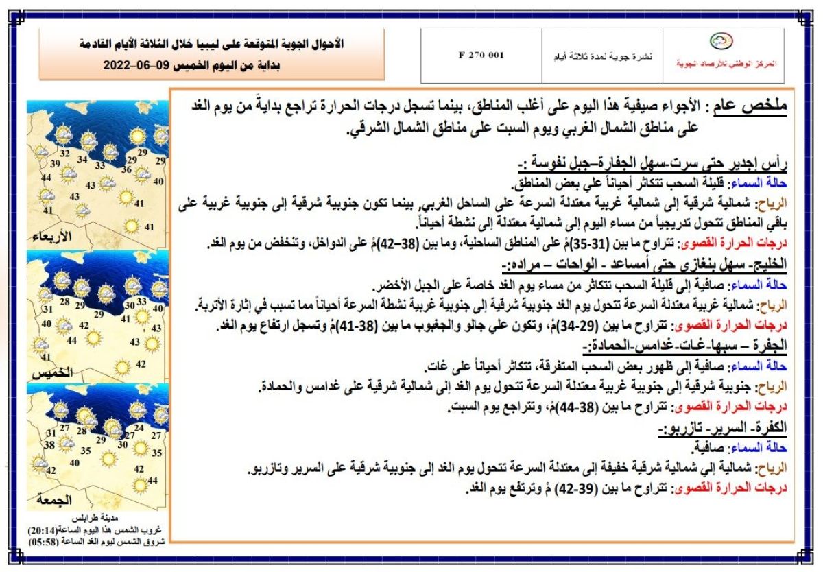 النشرة الجوية ليوم الخميس الموافق 09 – 06 – 2022 الصادرة عن المركز الوطني للأرصاد الجوية