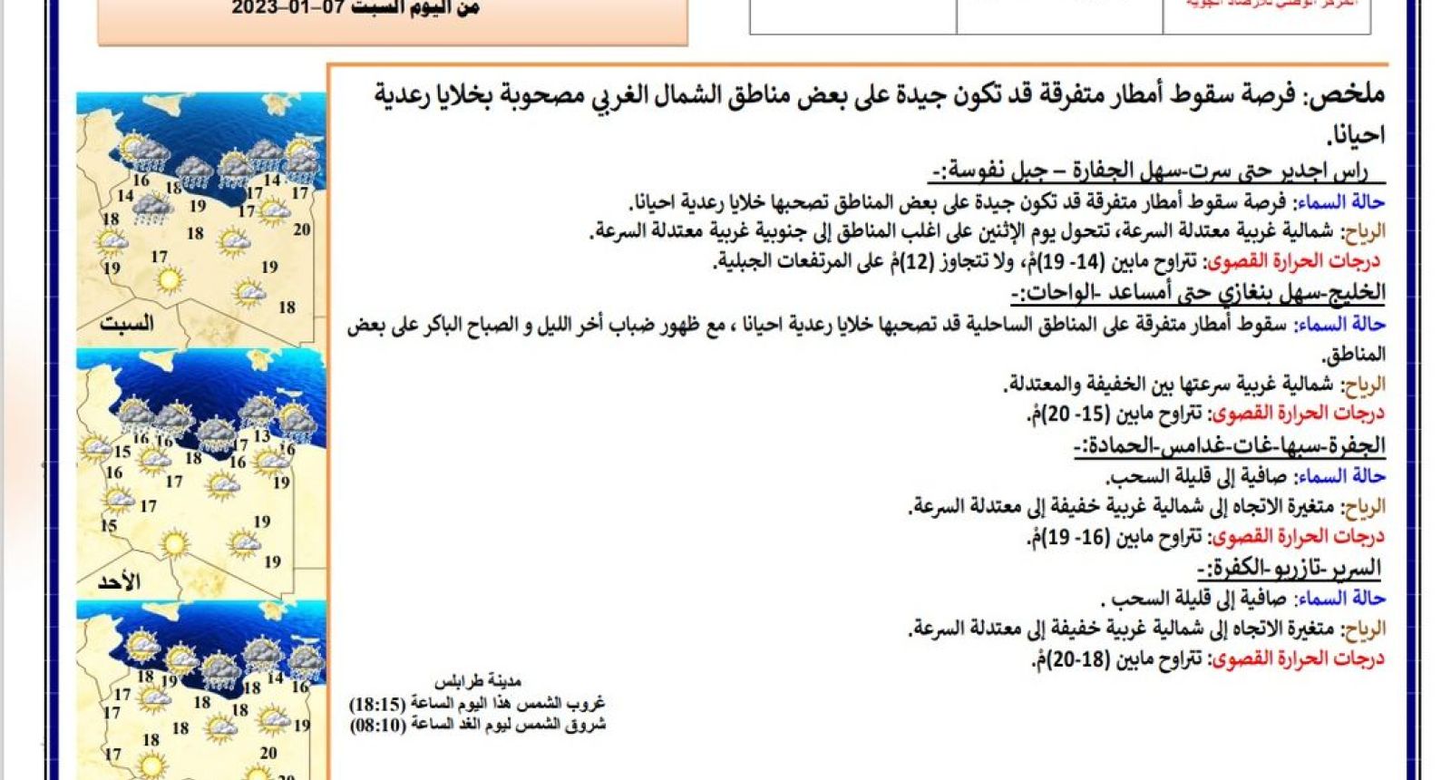 النشرة الجوية ليوم السبت الموافق 07 – 01 – 2023 الصادرة عن المركز الوطني للأرصاد الجوية