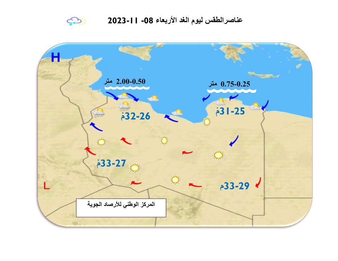 النشرة الجوية ليوم الثلاثاء الموافق 07 – 11– 2023 الصادرة عن المركز الوطني للأرصاد الجوية